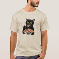 Schwarze Katze isst Sushi mit Essstäbchen