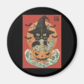 Schwarze Katze isst zu Halloween japanische Männer Magnet (Vorne)