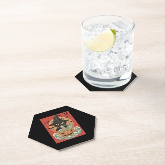 Schwarze Katze isst zu Halloween japanische Männer Untersetzer (Vor Ort)