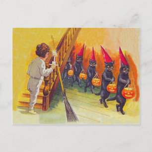 Schwarze Katze Jack O Lantern Kürbis Besen Postkarte