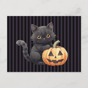 Schwarze Katze Jack-O'-Lantern schwarze Streifen H Feiertagspostkarte