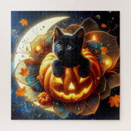 Schwarze Katze, Jack-o-Laterne und gemäßigter Mond Puzzle