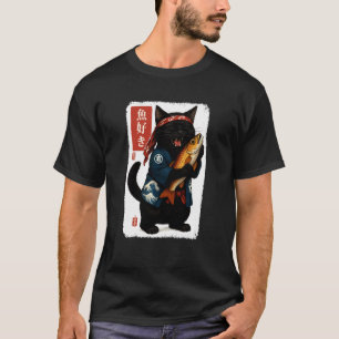 Schwarze Katze Japanische Kanji-Fische Japan Tierl T-Shirt