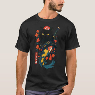 Schwarze Katze Japanischer Samurai Kirschblüten Ko T-Shirt