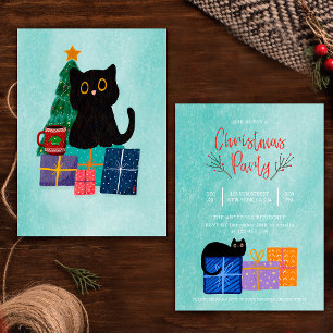 Schwarze Katze Kaffee Blau Weihnachtsfeier-Einladu Feiertagskarte