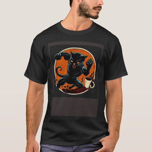 Schwarze Katze Kampf Kaffee T-Shirt (Vorderseite)