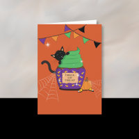 Schwarze-Katze-Kind-Halloween-Orange-Grußkarte