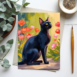 Schwarze Katze   Kitten Haustier Wasserfarbe Blume Postkarte