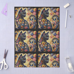 Schwarze Katze Kitty Floral Whimsical Gelb Decoupa Seidenpapier