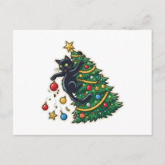 Schwarze Katze klettert auf den Weihnachtsbaum Lus Feiertagspostkarte