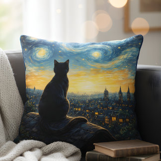 Schwarze Katze Künstlerische & Himmelsstadt Dekora Kissen