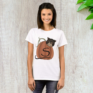 Schwarze Katze Kürbis Buchstabe S Halloween T-Shirt