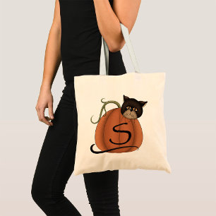 Schwarze Katze Kürbis Buchstabe S Halloween Tragetasche