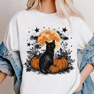 Schwarze Katze Kürbis Halloween T-Shirt