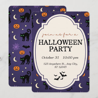Schwarze Katze Kürbis Lila Halloween-Party Einladung