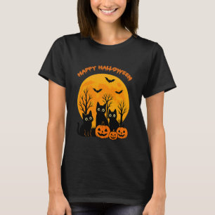 Schwarze Katze Kürbis Mond Fledermäuse Frohes Hall T-Shirt