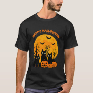 Schwarze Katze Kürbis Mond Fledermäuse Frohes Hall T-Shirt