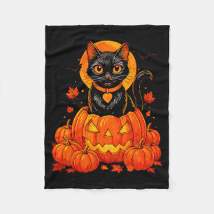 Schwarze Katze Kürbis Mond Halloween Herbst Fleecedecke