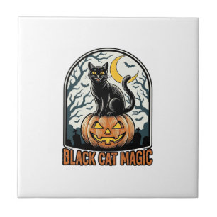 Schwarze Katze Kürbis Vintage Halloween Gravur_1 Fliese
