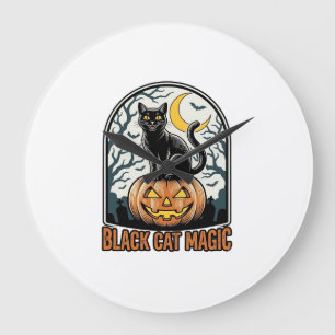 Schwarze Katze Kürbis Vintage Halloween Gravur_1 Große Wanduhr