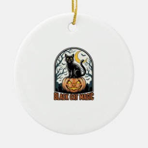 Schwarze Katze Kürbis Vintage Halloween Gravur_1 Keramik Ornament