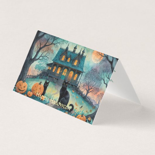 Schwarze Katze, Kürbislaternen, griechisches HausH (Vorderseite)