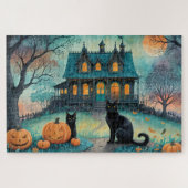 Schwarze Katze, Kürbislaternen, griechisches HausH Puzzle (Horizontal)