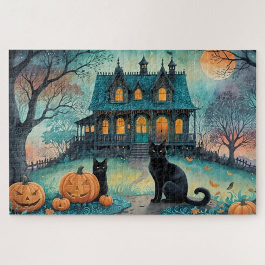 Schwarze Katze, Kürbislaternen, griechisches HausH Puzzle (Horizontal)