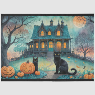 Schwarze Katze, Kürbislaternen, griechisches HausH Seidenpapier