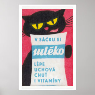 Schwarze Katze leckt Milchbeutel - Matchbox-Druck Poster