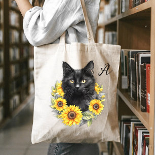 Schwarze Katze liebt Sonnenblumen Initiale Tragetasche