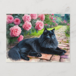 Schwarze Katze liegt neben rosa Pfingstrosen Tierl Postkarte