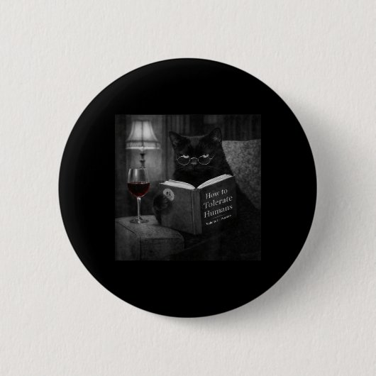 Schwarze Katze liest Buch Lustiges Retro-Katzenfot Button (Vorderseite)