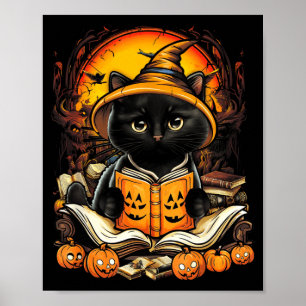Schwarze Katze liest Bücher Kürbis Herbst Lehrer Poster