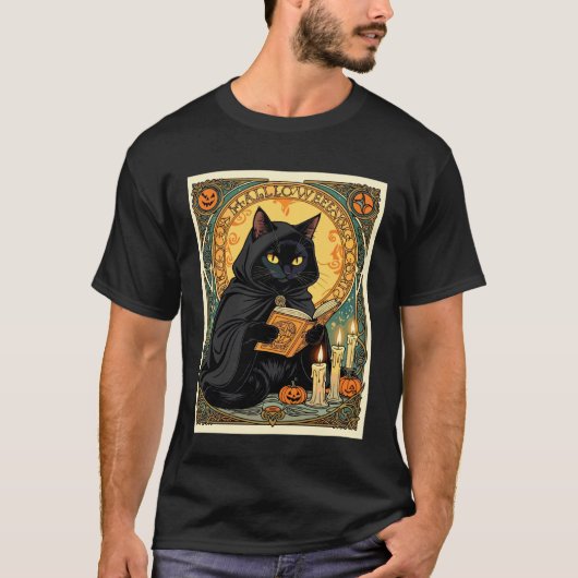Schwarze Katze liest das Jack o Lantern Journal T-Shirt (Vorderseite)