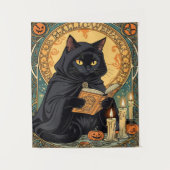 Schwarze Katze liest das Jack-o'-Laternen-Journal Wandteppich (Vorderseite)