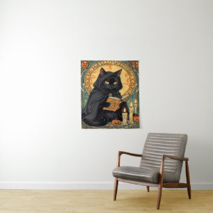 Schwarze Katze liest das Jack-o'-Laternen-Journal Wandteppich