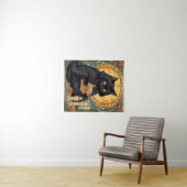 Schwarze Katze liest das Jack-o'-Laternen-Journal Wandteppich (Beispiel (Horizontal))