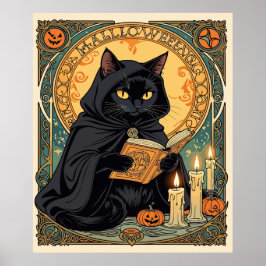 Schwarze Katze liest das Jack-o-Laternen-Tagebuch Poster