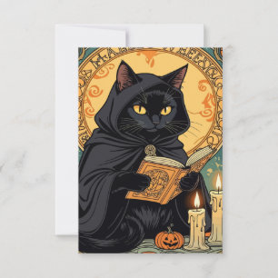 Schwarze Katze liest das Kürbislaternen-Journal Einladung