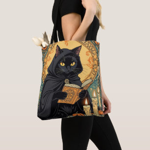 Schwarze Katze liest das Kürbislaternen-Journal Tasche