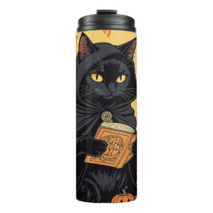 Schwarze Katze liest das Kürbislaternen-Journal Thermosbecher