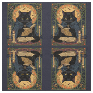 Schwarze Katze liest ein Buch über die Sonnenwende Stoff