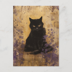 Schwarze Katze Lila Farbe Vintage Postkarte