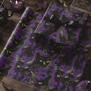 Schwarze Katze Lila Gothic Halloween Geschenkpapier