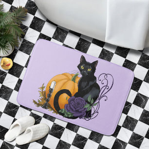 Schwarze Katze Lila Rose Kürbis Herbst Badematte