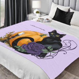 Schwarze Katze Lila Rose Kürbis Herbst Fleecedecke