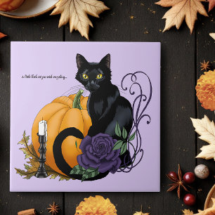Schwarze Katze Lila Rose Kürbis Herbst Fliese