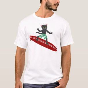 Schwarze Katze Longboard Surfer T-Shirt