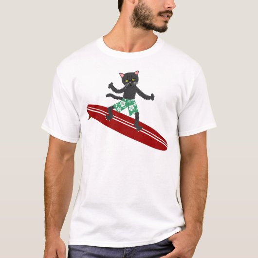 Schwarze Katze Longboard Surfer T-Shirt (Vorderseite)